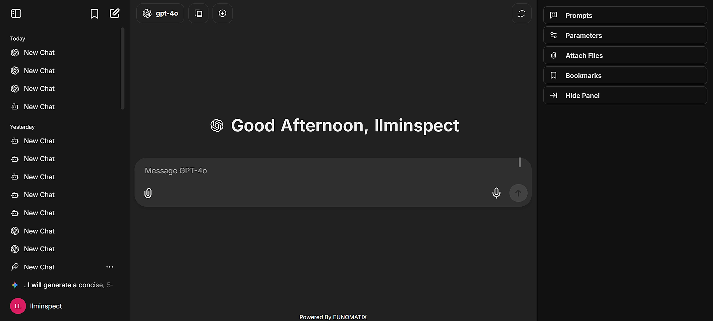 LLMInspect chat interface - InspectRAG is selected from the model selector at the top-left