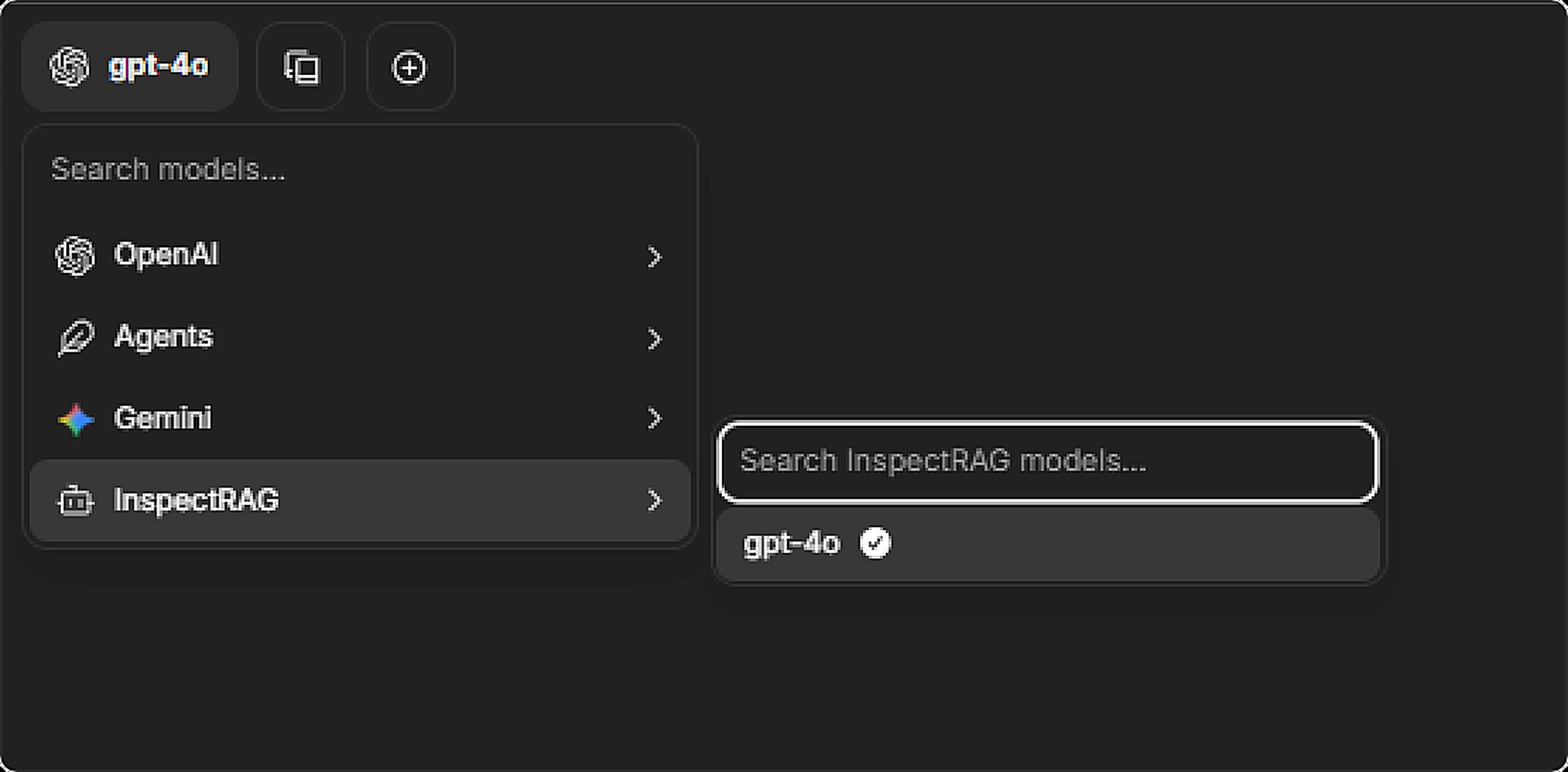 InspectRAG listed as a model plugin in LLMInspect alongside OpenAI, Agents, and Gemini