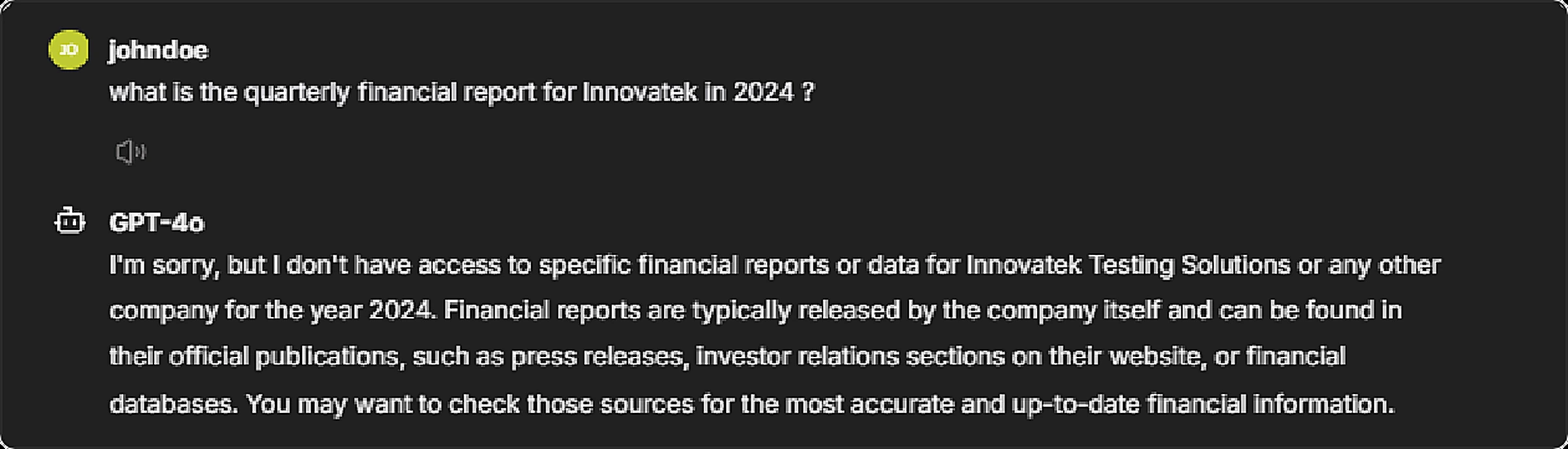 A user asking for a restricted report - the document is silently filtered out, so the model has no context to answer from