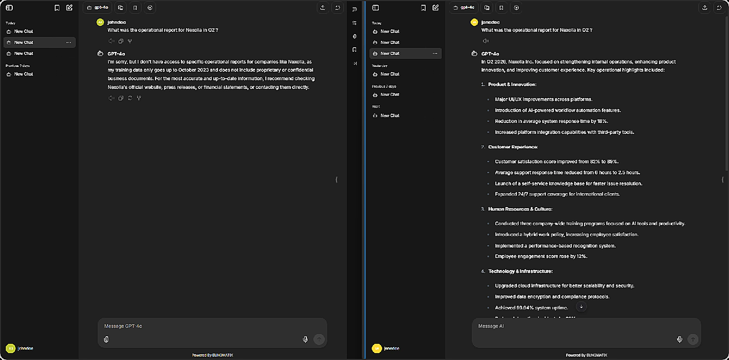 Side-by-side comparison: johndoe (left) is blocked from the report, while janedoe (right) receives the full response