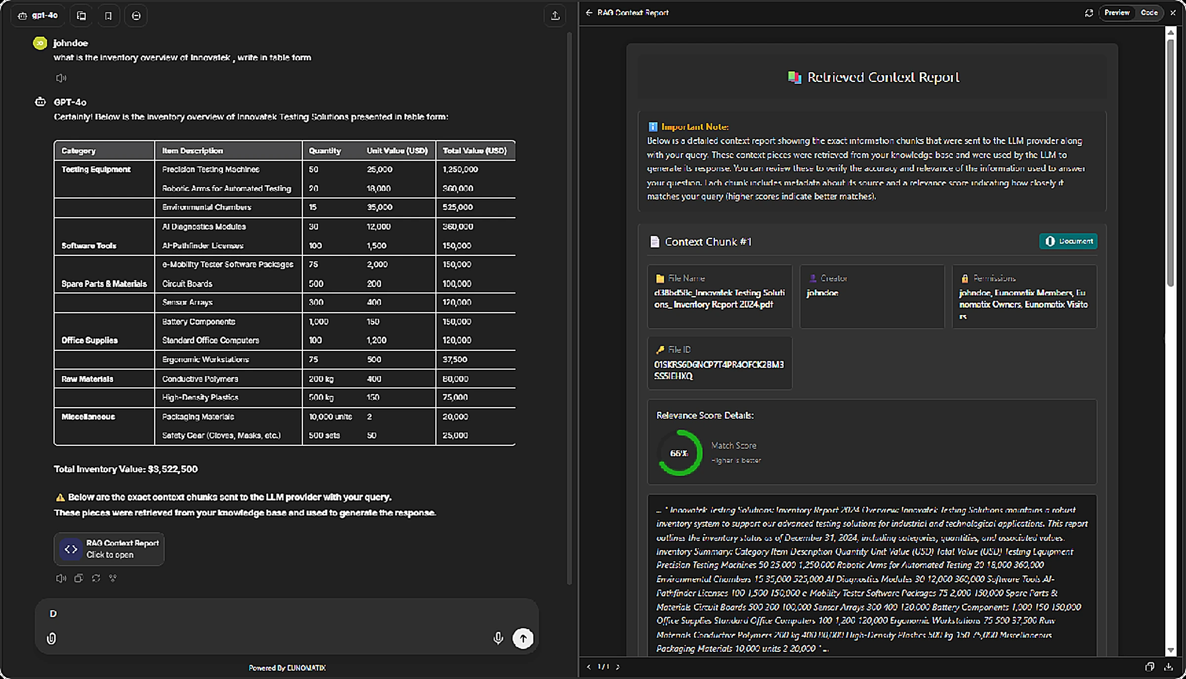 A query response with the RAG Context Report panel open alongside it