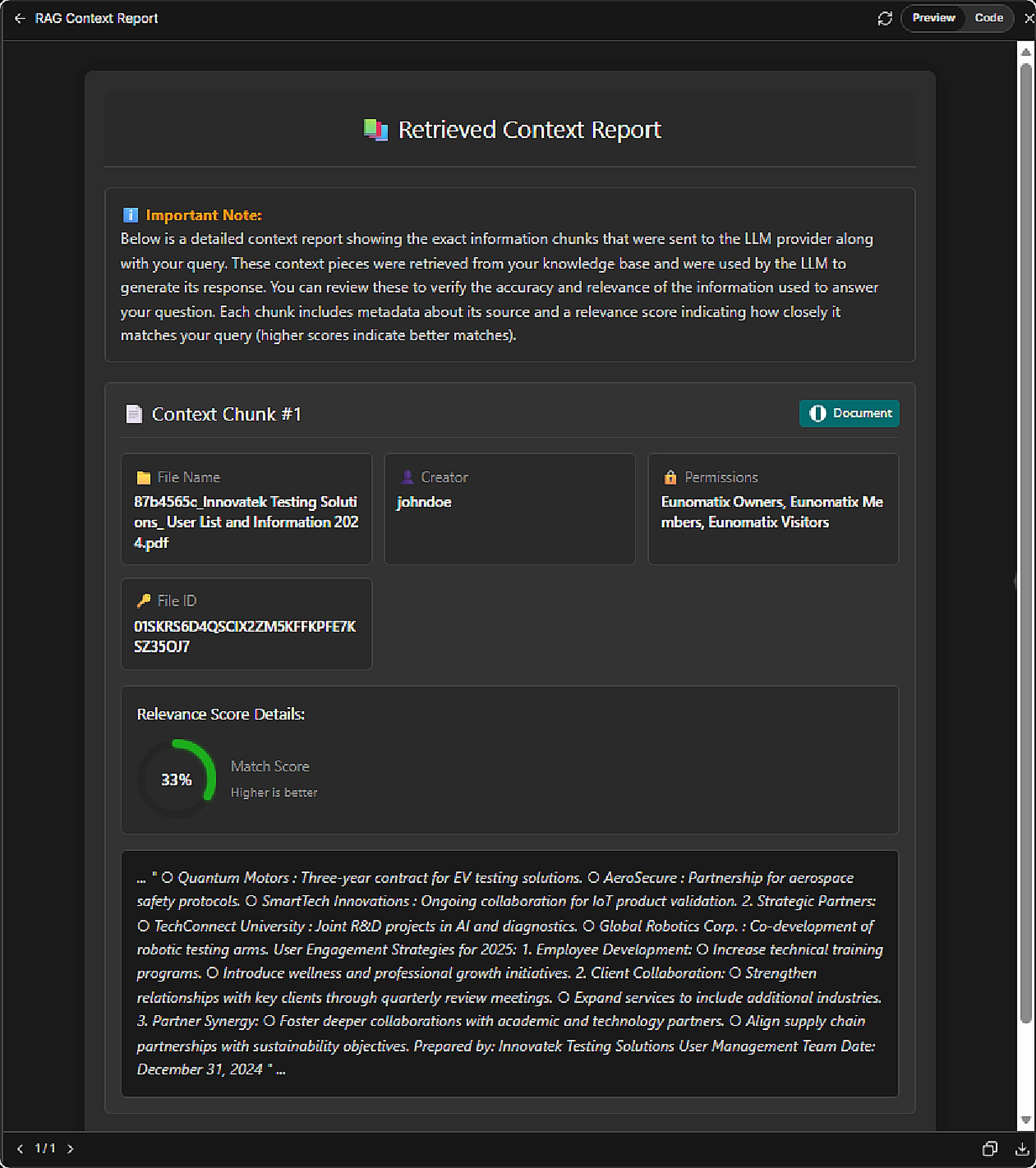 A full RAG Context Report showing the important note, context chunk, file metadata, relevance score, and content preview