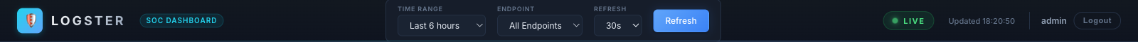 Dashboard top bar — time range picker, endpoint filter, refresh cadence, and live-update indicator