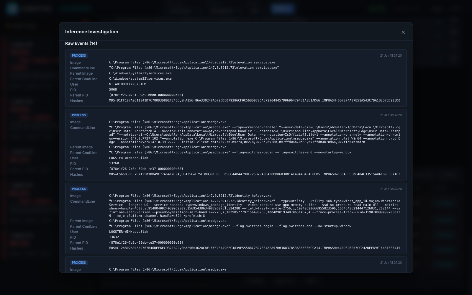 Raw Events list in the Inference Investigation modal, each event card showing Image, CommandLine, Parent Image, Parent CmdLine, User, PID, Parent PID, and hashes